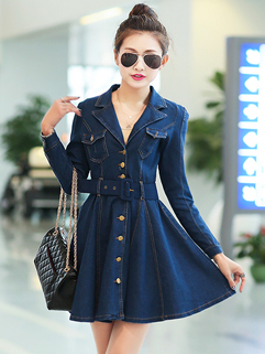 2015 Korean Trendy Denim Dress Cardigan Long Sleeve Lapel Regular Denim ...