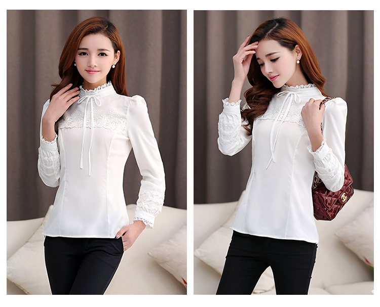 2015 Vintage Fashion Lace Bow Stand Collar White Blouse For Women