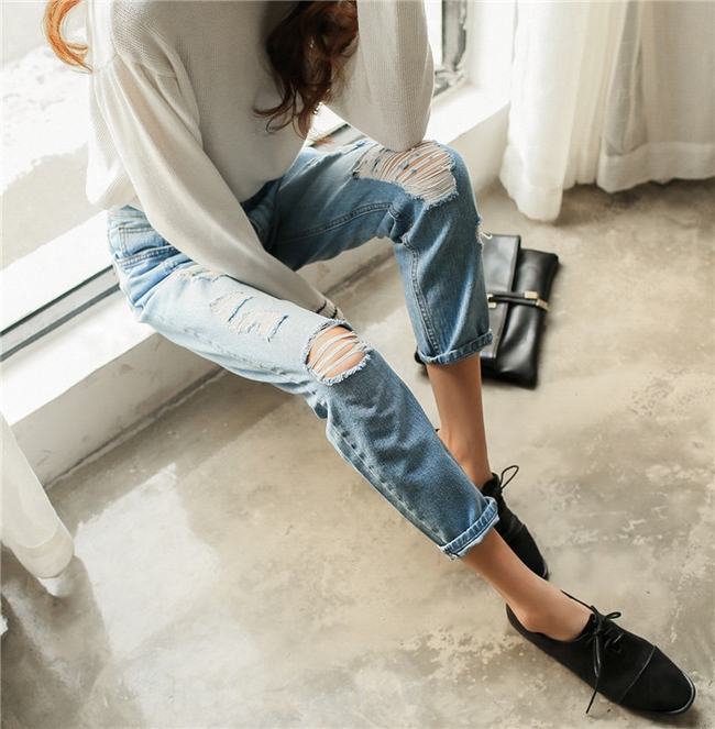 Japanese Style Scuffed Ripped Jeans Color Fading Baggy Womens Harem Pants