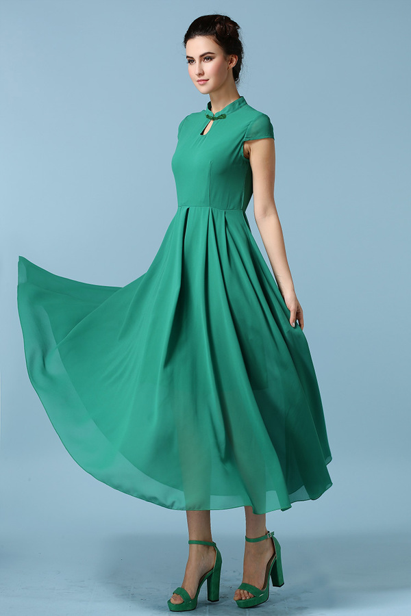 2015 Korean Stylish Women Bow Cheongsam Collar Chiffon Green Maxi Dress