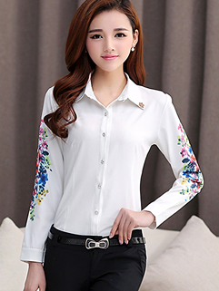 2015 Office Lady Blouse Floral Printing Chiffon White Blouse