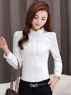 2015 Spring Lace Turtle Collar Long Sleeve White Blouse For Women