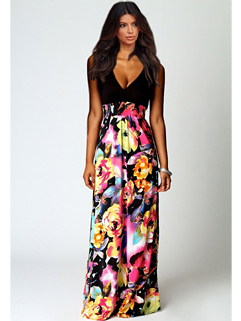Hot Sale 2015 New Design V-Neck Floral Printing Black Maxi Dress 
