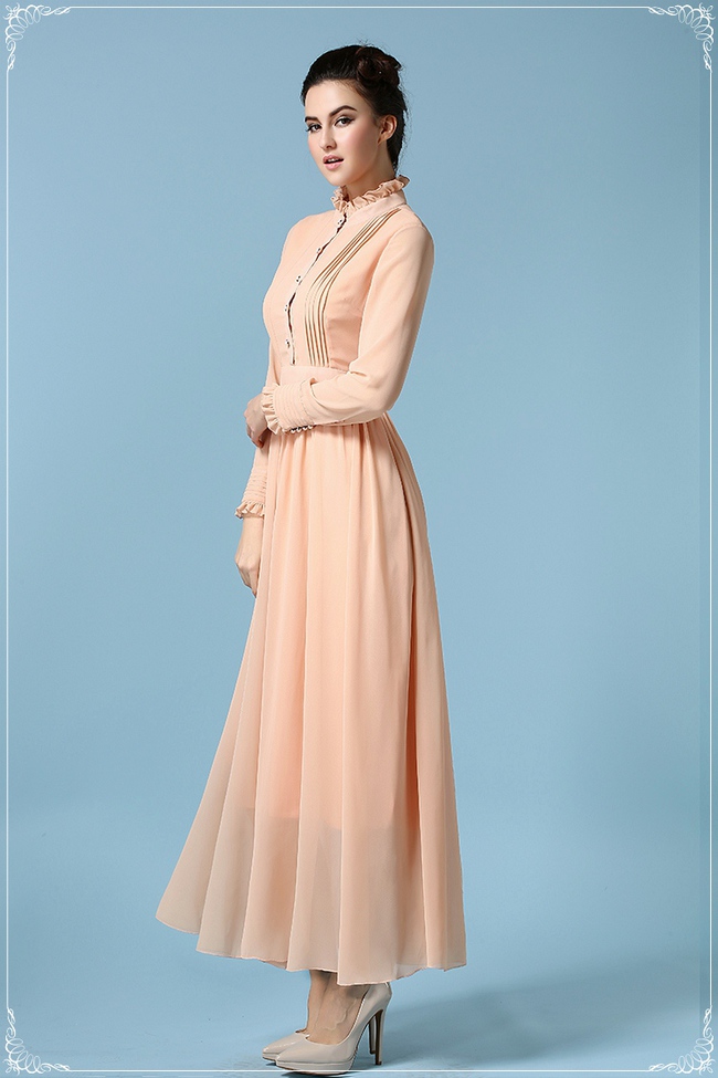 Vintage Korean Women Solid Color Long Sleeve Ball Gown Chiffon Dress