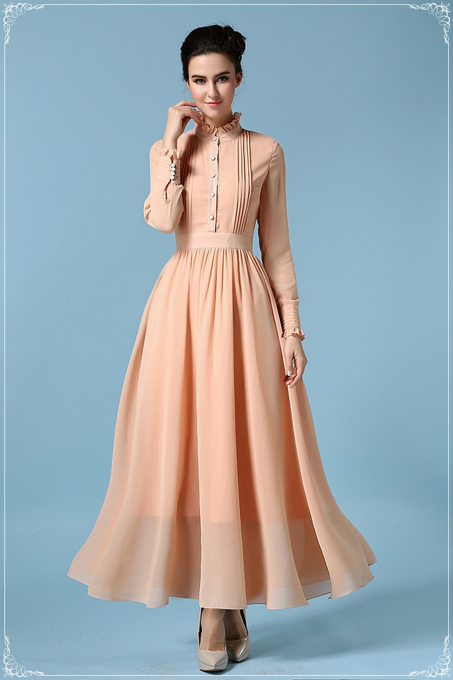  Vintage  Korean  Women Solid Color Long Sleeve Ball Gown 