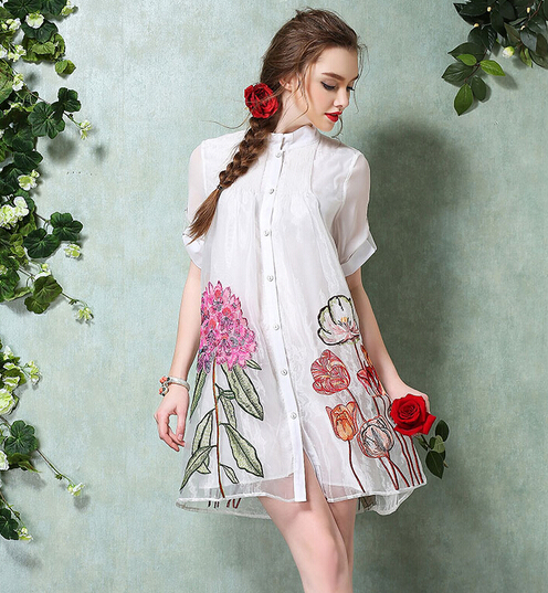 Vintage Style Flower Embriodery Stand Collar Short Sleeve Shift Dress
