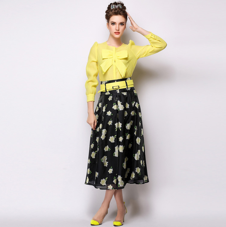 2015 Hot Selling Euro Women Floral Printing Long Yellow Skater Skirt