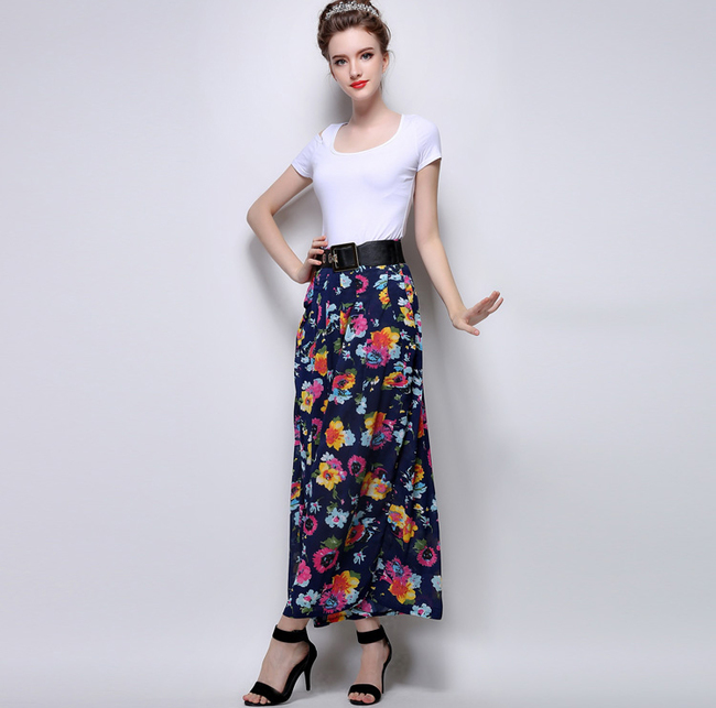 2015 Custom Design Women Floral Printing Blue Long Skirt