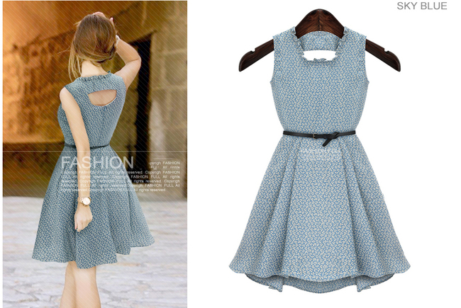 2015 New Summer Korean Hollow Out Sleeveless Floral Printing Blue Dress
