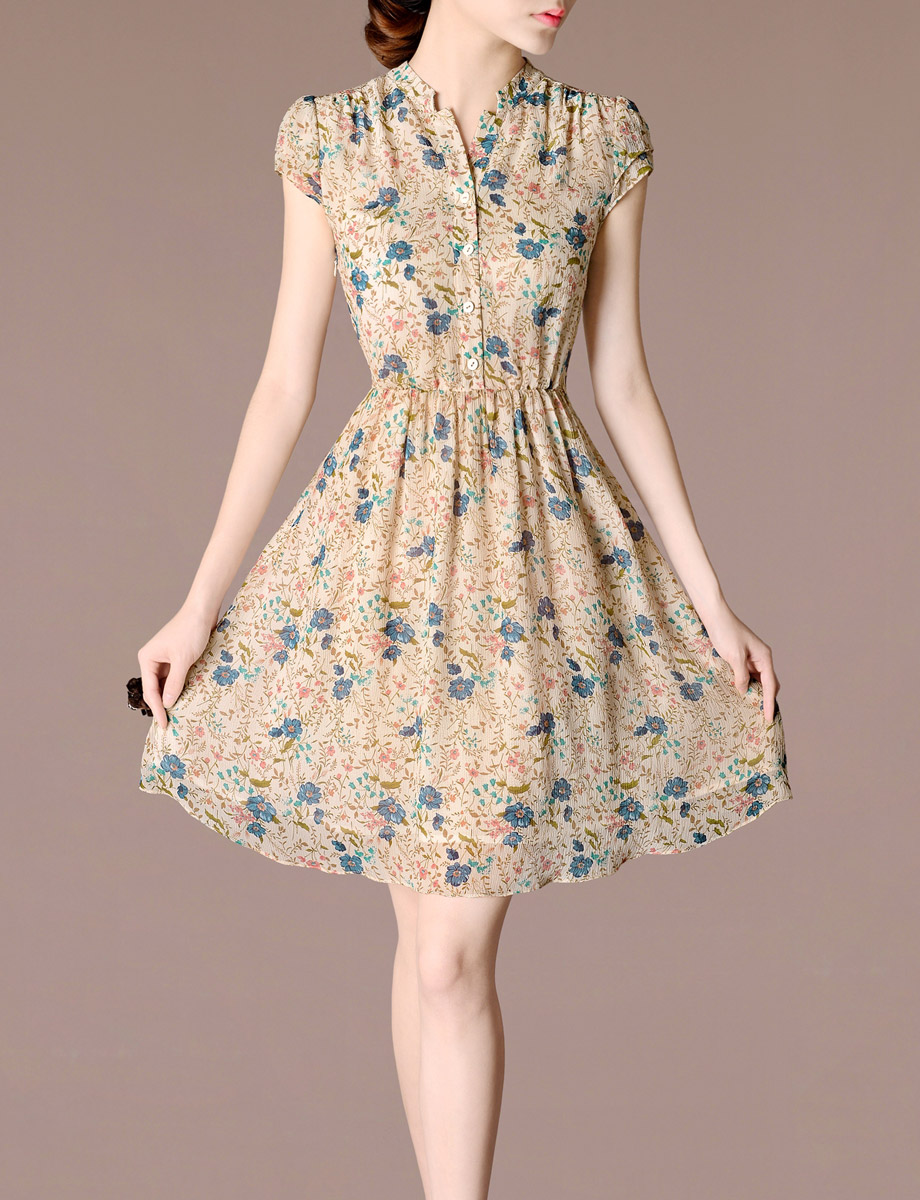 Noble Temperament Women Floral Printing Stand Collar Short Sleeve Dress