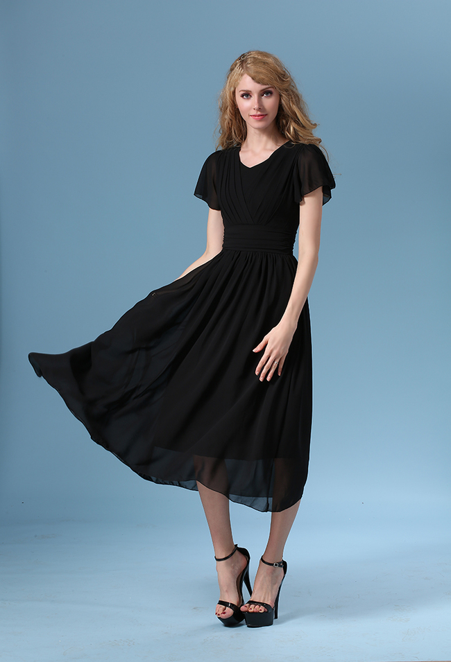 Solid Color Short Sleeve Smart Waist Expansion Black Dress