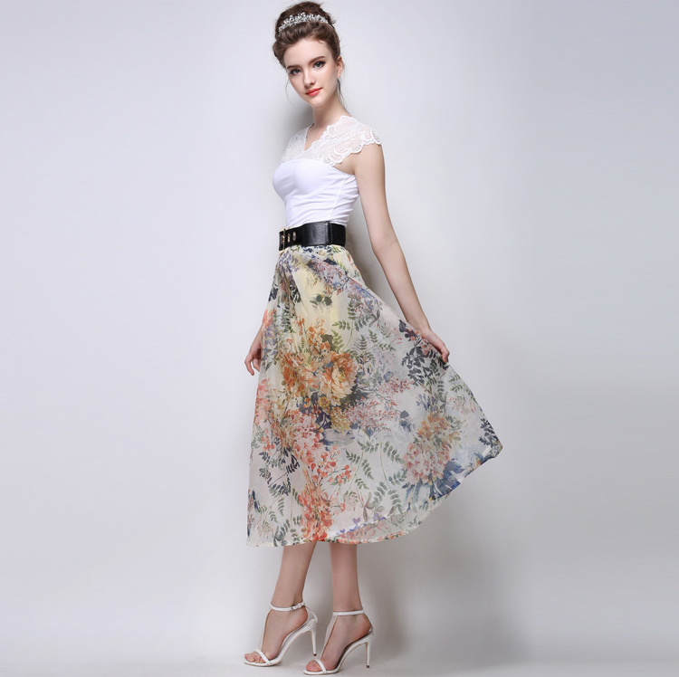 Hot Sale Women Floral Printing High Waist Yellow Long Skirt