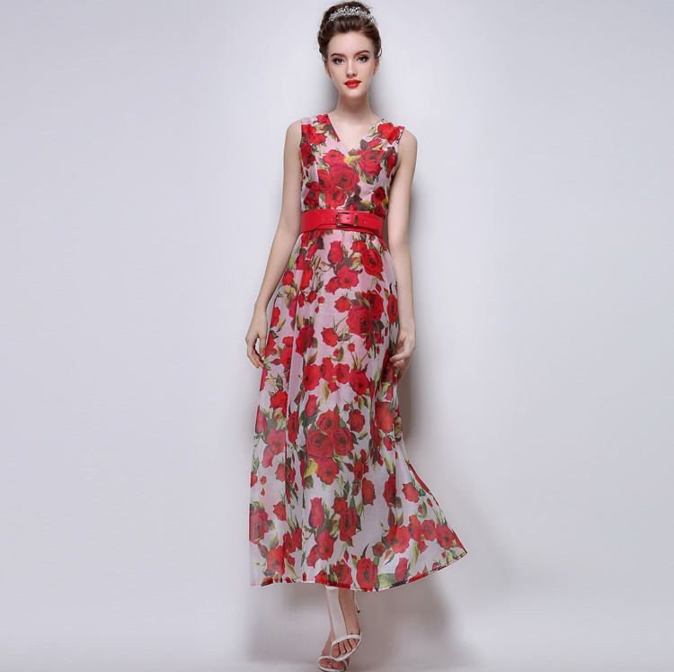 2015 Fashion Wholesale Women Floral Printing Sleeveless V-Neck Red Dress