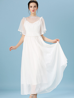 2015 Beautiful Women Ruffle Lace Split Chiffon White Maxi Dress