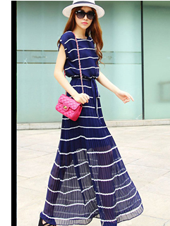 2015 Beach Korean Women Striped Ball Gown Dark Blue Maxi Dress