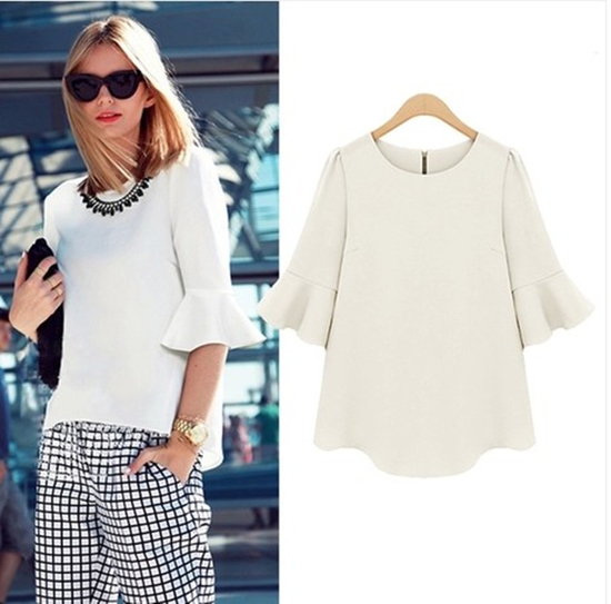 Trendy Fashion Hot Items Sloid Color Loose Zip Up Flare Sleeve T-Shirt