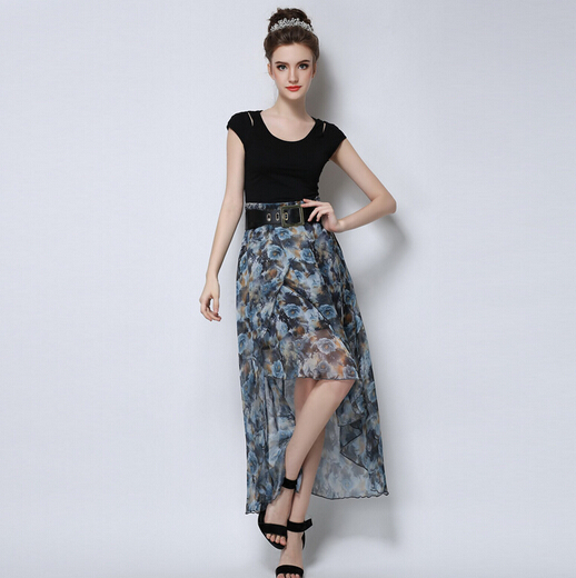 Elegant Flower Print High Waisted Sheer Maxi Skirt