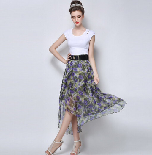 High Quality Flower Print High Waisted Sheer Maxi Skirt