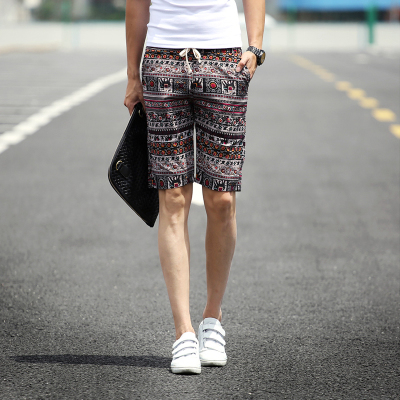 Men Shorts Fashion Casual Straight Ethnic Style Floral Print Drawstring Up