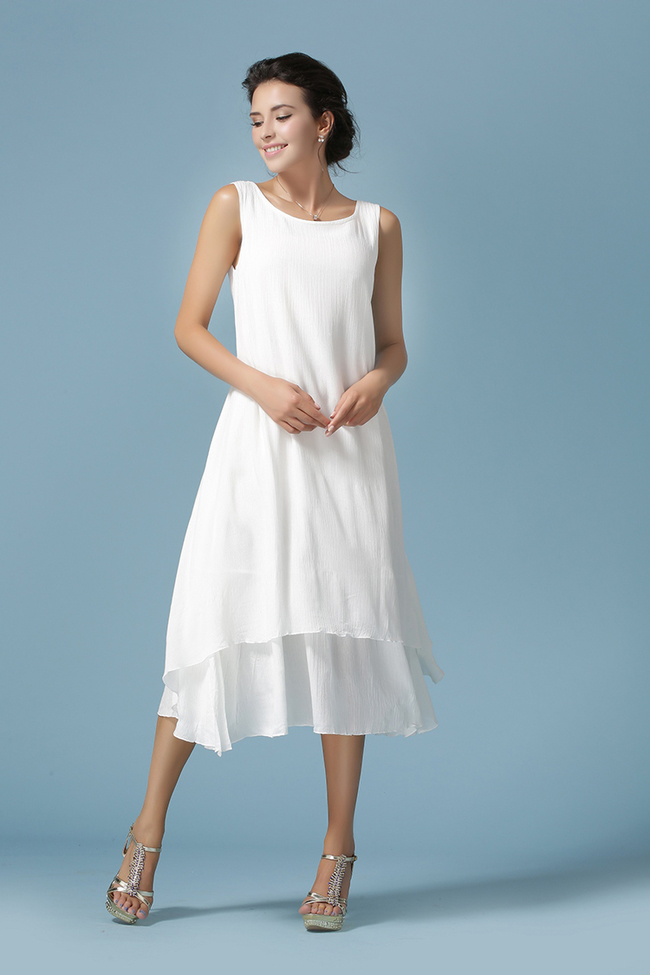 2015 Vintage Korean Women Sleeveless Double-layered White Maxi Dress