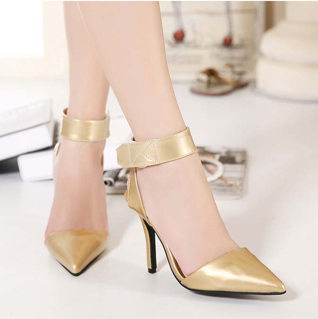 Euro Style Pointed Toe Velcro Thin High Heels Gold Pumps Cheap Pumps