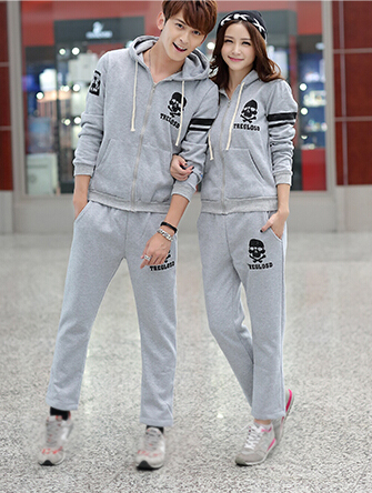 2015 Latest Skull Pattern Front Zip Hooded Couple Suits