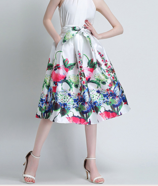 Euro Style Flower Print Drawstring Waist Expansion Skirt Midi Skirt