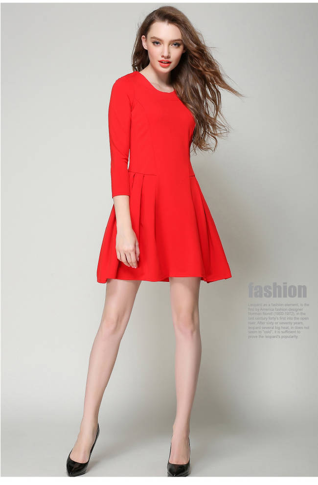 Autumn Red Ladylike Zip Up 3/4 Sleeve Fitted Dress For Women