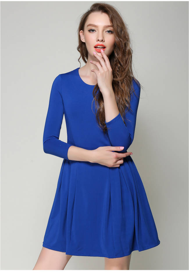 2015 Hot Sales Blue Fitted Scoop Neck Wide Hem Dress For Women