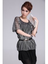 Womanly Silver Stripes See-through Elastic Waist Womans Blouse