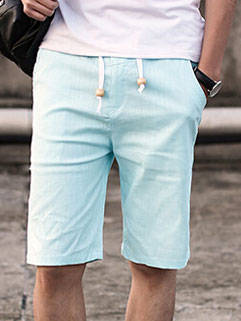 Korean Style Men Shorts Stylish Light Blue Linen Casual Drawstring Up