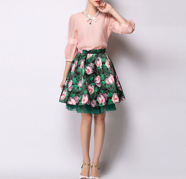 Green Elegant Women Floral Half Gauze Spliced Skirt