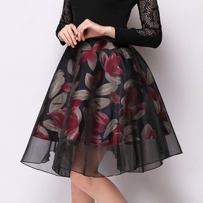 Black Elegant Women Floral Printing Casual Party Skirt