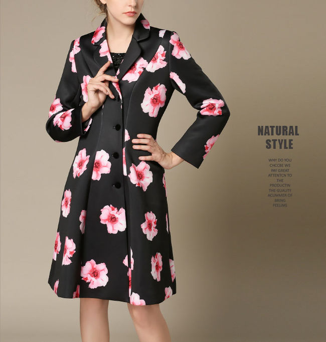 Black Long Sleeve Floral Vintage Design Loose Trench Coat