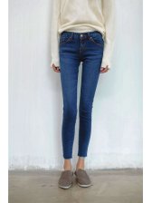 Simple Design Dark Blue Mid-Waist Rough Tight Jeans For Women
