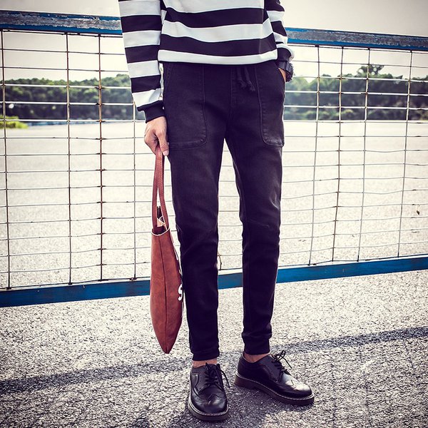 Hot Selling Fashion Man Pockets Drawstring Black Denim Harem Jeans