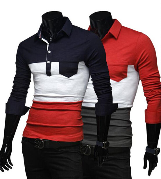 Korean Fashion Man Color Block Pocket Fitted Long Sleeve Fall Polo Shirt