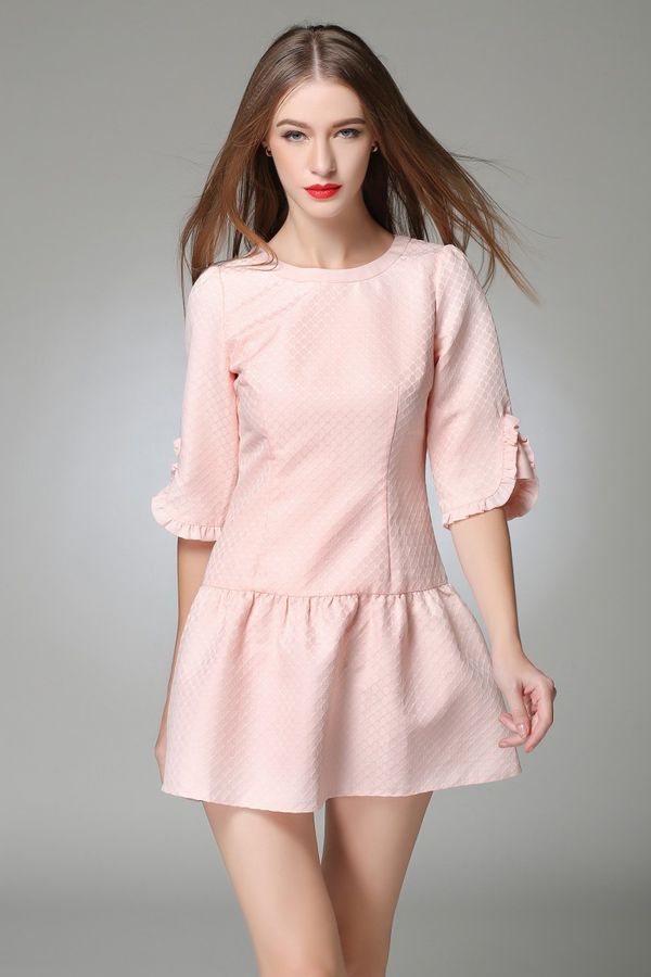 Elegant Solid Color Pink 3/4 Sleeve Lady Women Zip Mini Dress