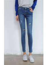 Fashion Street Women Korean Style Straight Slim Cool Hole Jeans
