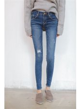 Europe Style Women Street Fashion Slim Hole Straight Zipper Up Jeans