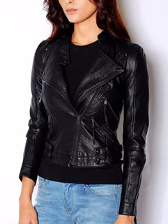 Motorcycle Style Women Long Sleeve Fitted Short Black Jacket