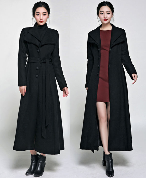 Gorgeous Lady Women Black Lapel Long Sleeve High Quality Wool Outwear