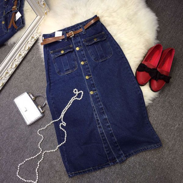 Korean Style Classic High-waisted Solid Button-fly Denim Skirts