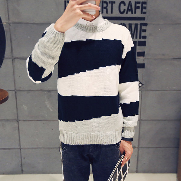 Casual Fashion Men Color Block Round Neck Long Sleeve Black Sweater