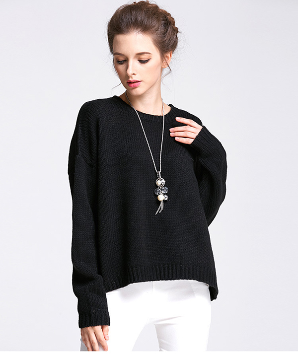 Factory Outlet Women Long Sleeve Round Neck Loose Black Sweater