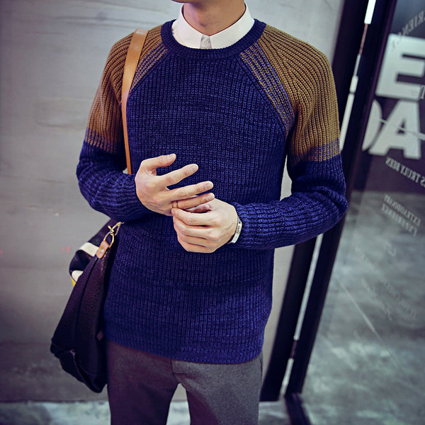 Hot Selling Korean Men Long Sleeve Color Block Fitted Casual Sweater