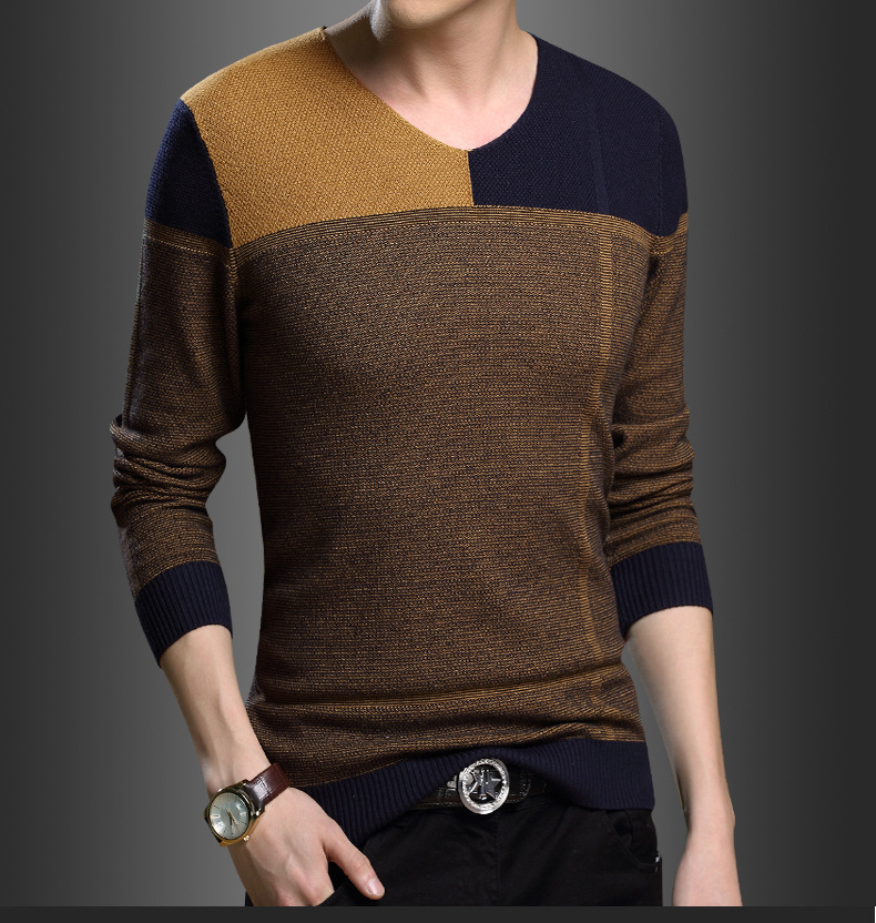Euro Style Men Long Sleeve Pullover O-neck Patchwork Knitting Sweater