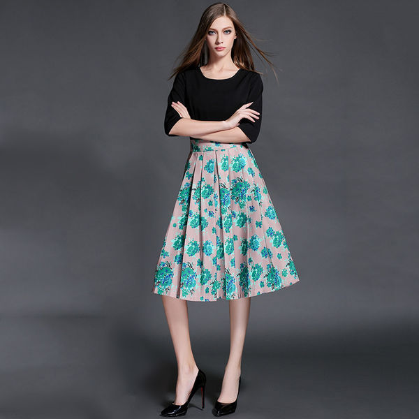 Stylish Lady Women Floral Print Pleated Zip Knee-length Dress