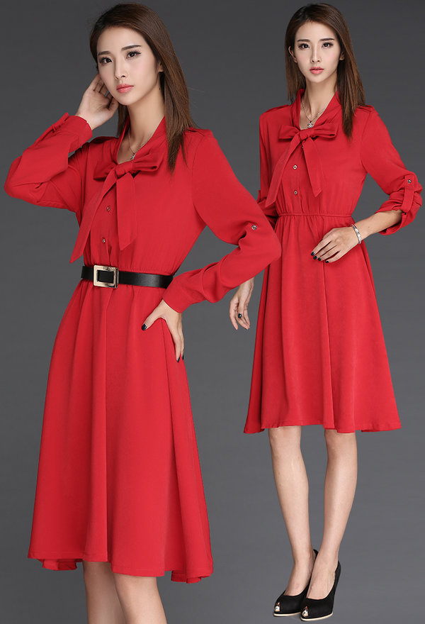 Korean New Women Long Sleeve Bow Ball Gown Red Chiffon Dresses