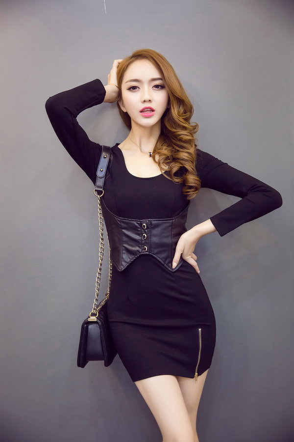 Latest Design Korean Women Long Sleeve Patchwork Zipper Black Wrap Dresses
